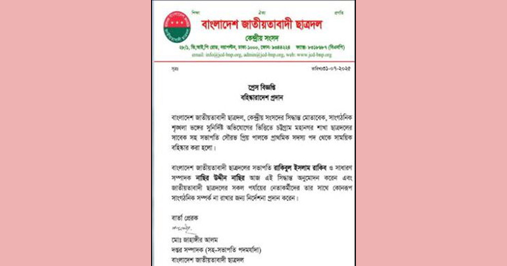 সৌরভ পালকে ছাত্রদলের প্রাথমিক সদস্য পদ থেকে বহিষ্কার