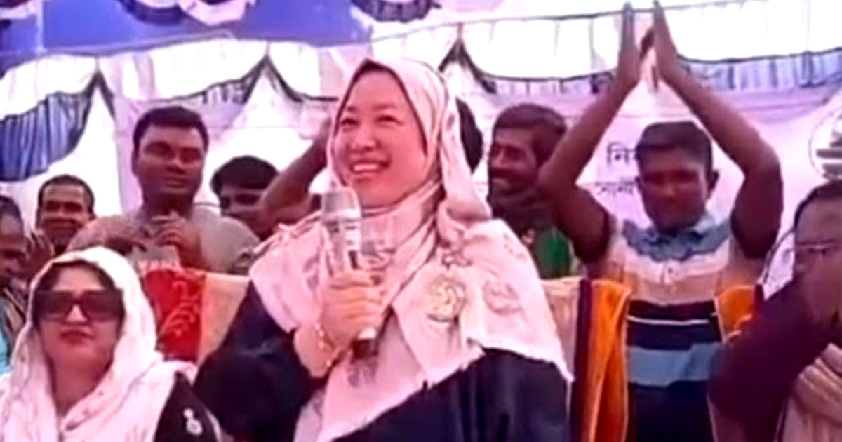 বিএনপি প্রার্থীর চীনা স্ত্রী ভোট চাচ্ছেন ধানের শীষে, দিচ্ছেন বাংলায় বক্তব্য