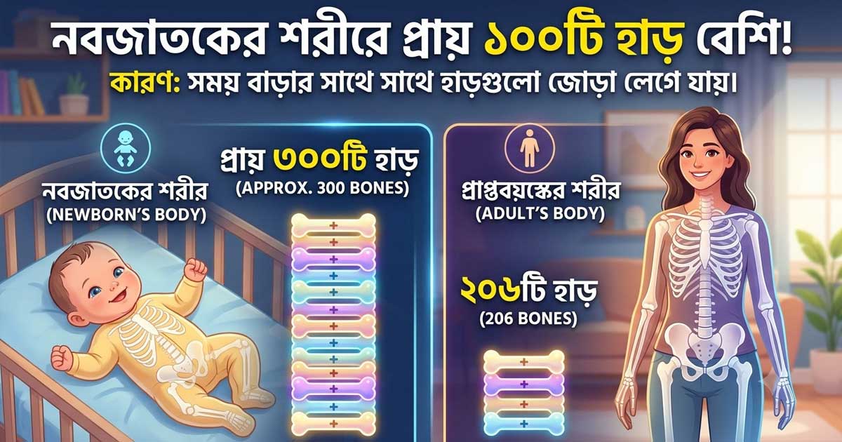প্রাপ্তবয়স্কদের চেয়ে নবজাতকের শরীরে প্রায় ১০০টি হাড় বেশি